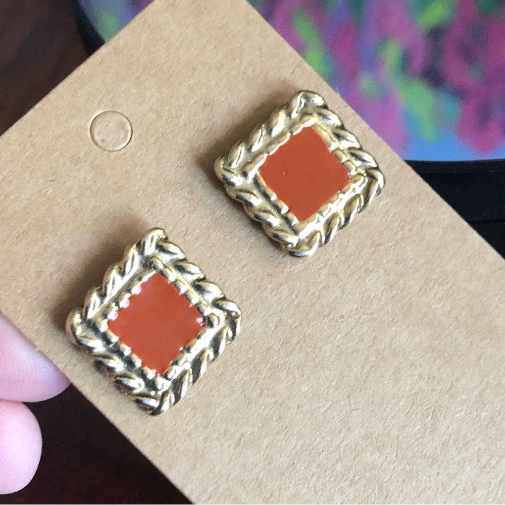 Vintage rust enamel braided gold tone pierced earrings